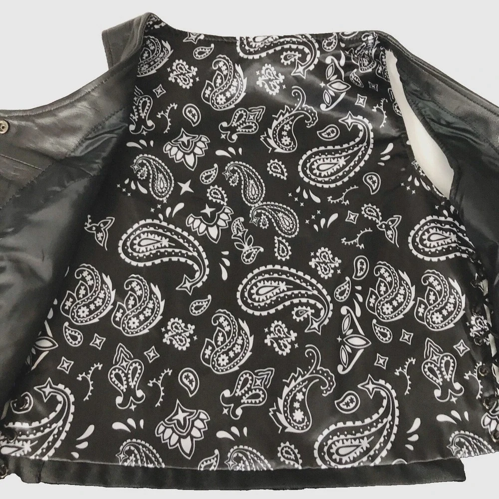 Unik Premium Women Sz M Black Leather Snap Front Vest Side Laces Paisley Liner - Picture 15 of 16
